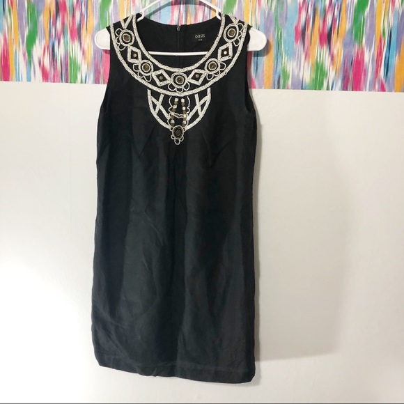 Oasis Dresses & Skirts - Oasis black linen dress bead neckline detail